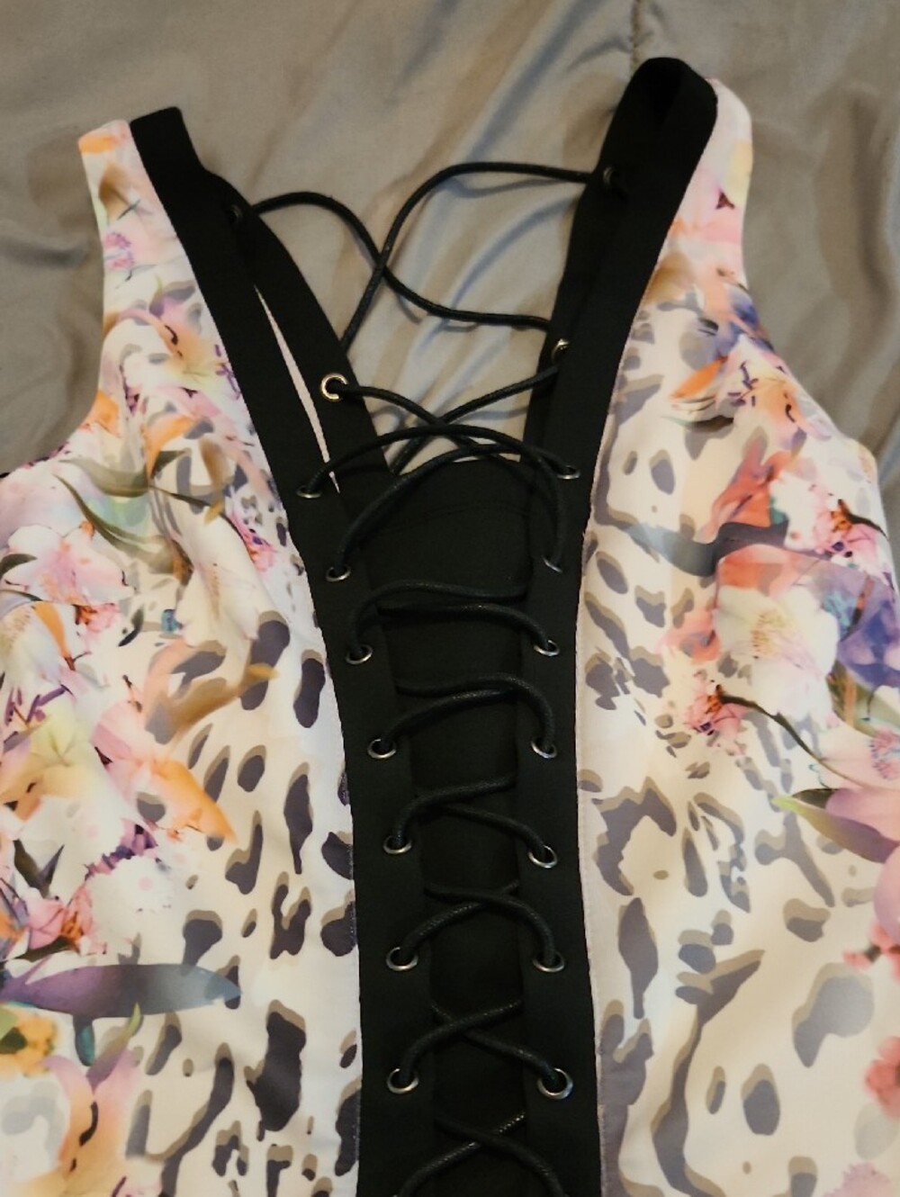bebe Multicolor Floral & Animal Print Lace-Up Mini Dress with Black Trim - Picture 2 of 7